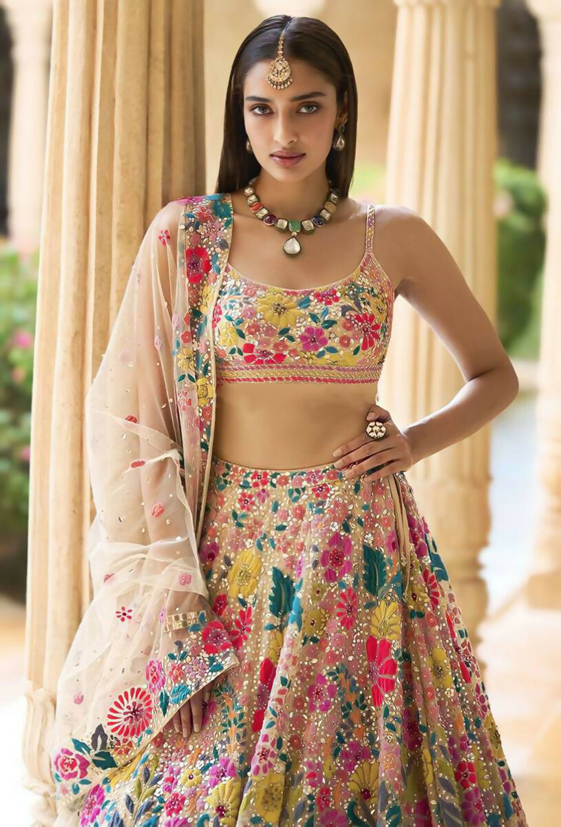 Jyoti Fashion Multicolor Thread & 5mm Sequence Embroidery Georgette Lehenga Choli with Dupatta | Swadesiicart