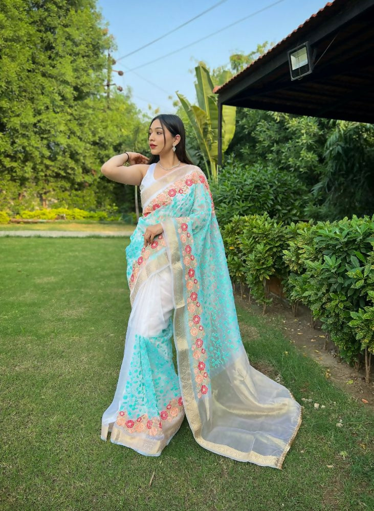Vamsee Radhika Jaal Sky Organza Silk Saree - Swadesiicart