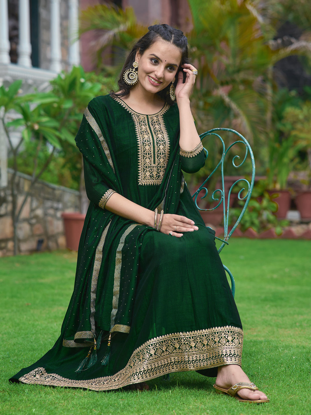 Anarkali Embroidered Kurta With Pant & Dupatta, Bottle-Green - Hiral Fashion