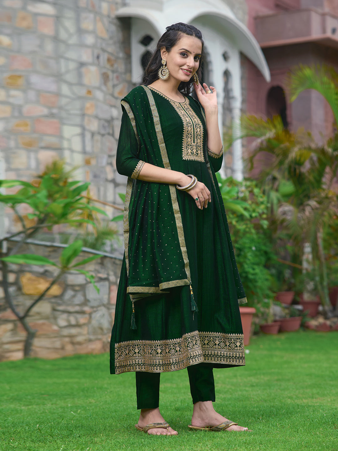 Anarkali Embroidered Kurta With Pant & Dupatta, Bottle-Green - Hiral Fashion