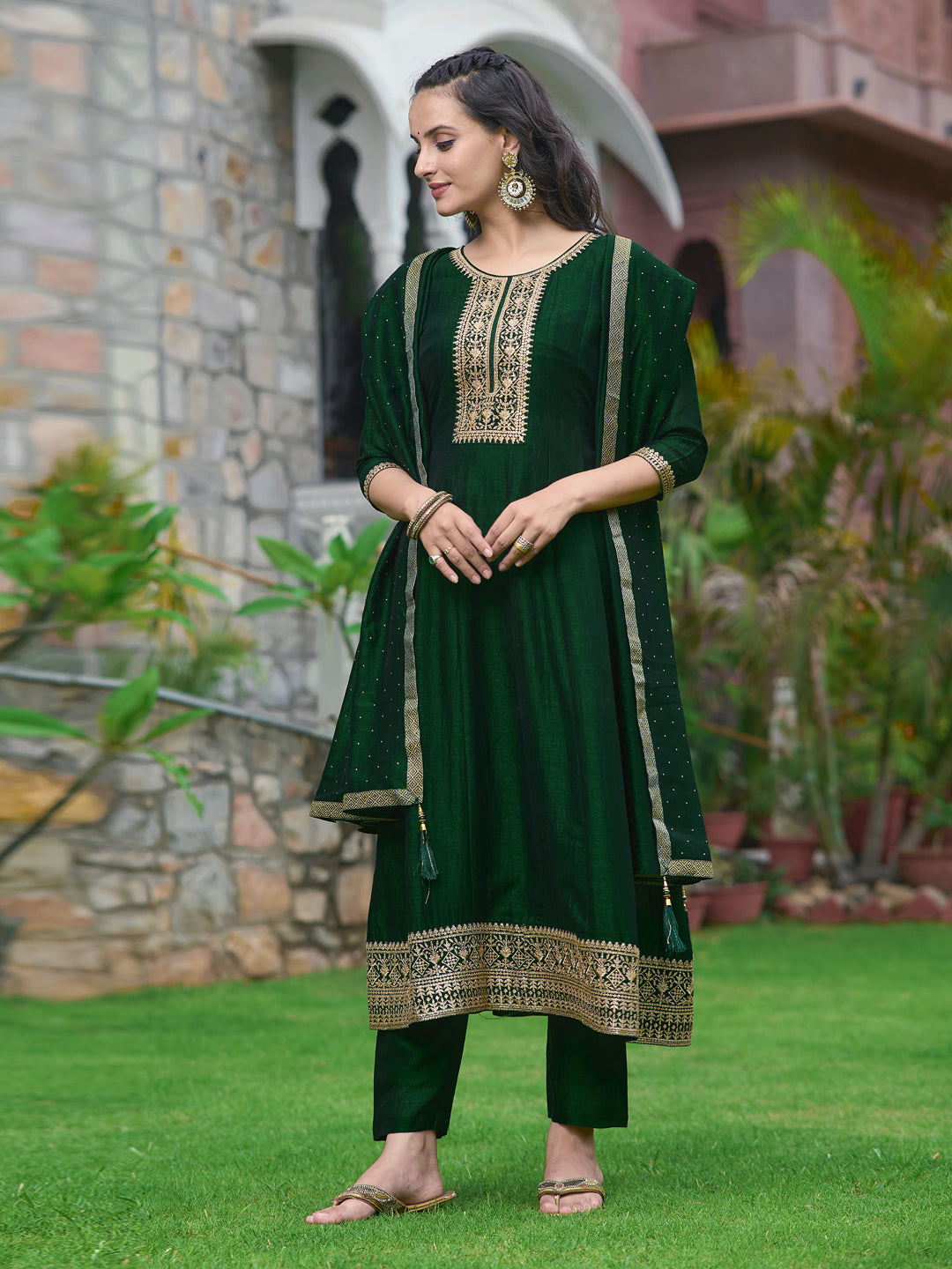 Anarkali Embroidered Kurta With Pant & Dupatta, Bottle-Green - Hiral Fashion