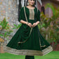 Anarkali Embroidered Kurta With Pant & Dupatta, Bottle-Green - Hiral Fashion