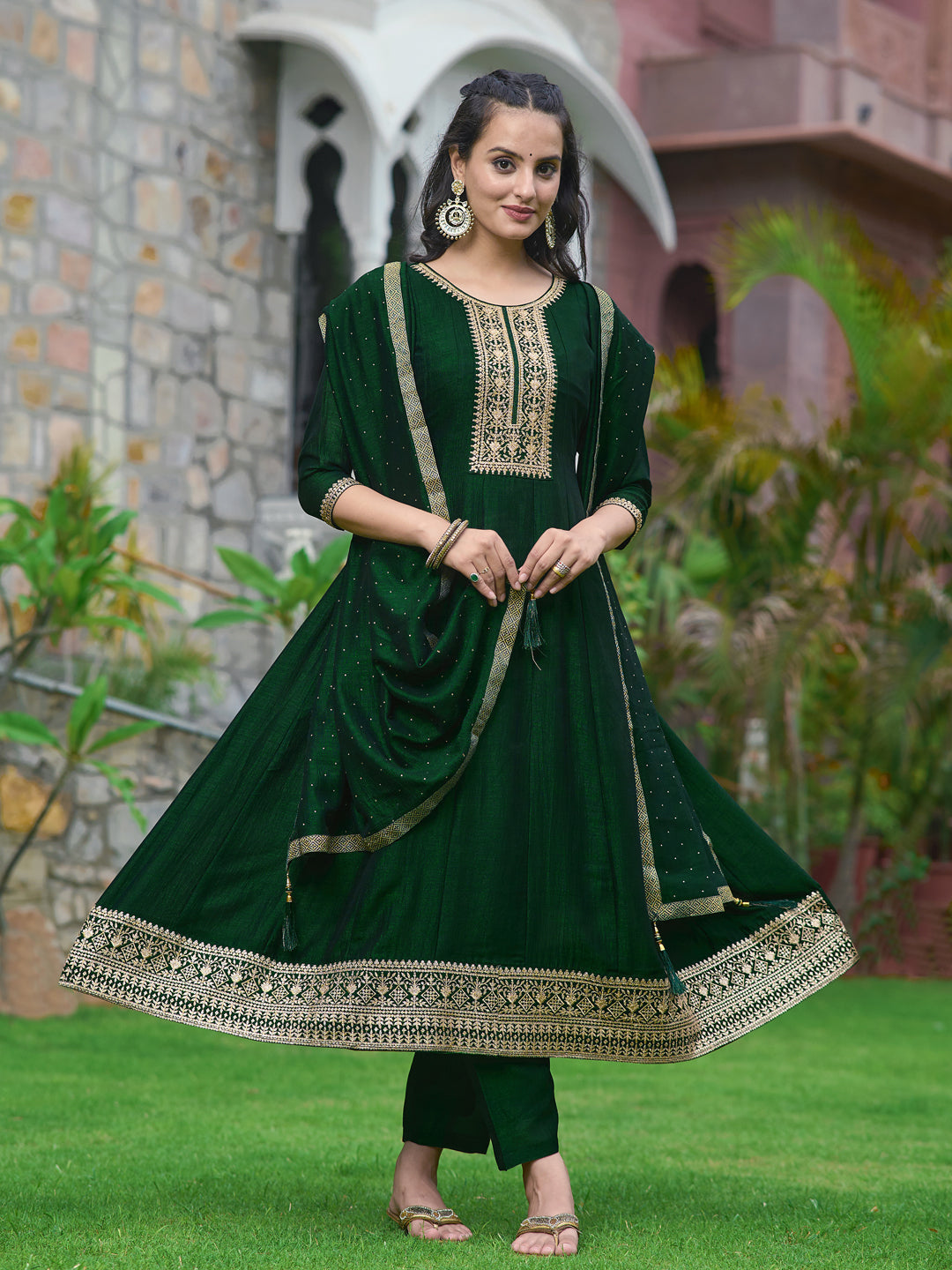 Anarkali Embroidered Kurta With Pant & Dupatta, Bottle-Green - Hiral Fashion