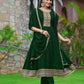 Anarkali Embroidered Kurta With Pant & Dupatta, Bottle-Green - Hiral Fashion