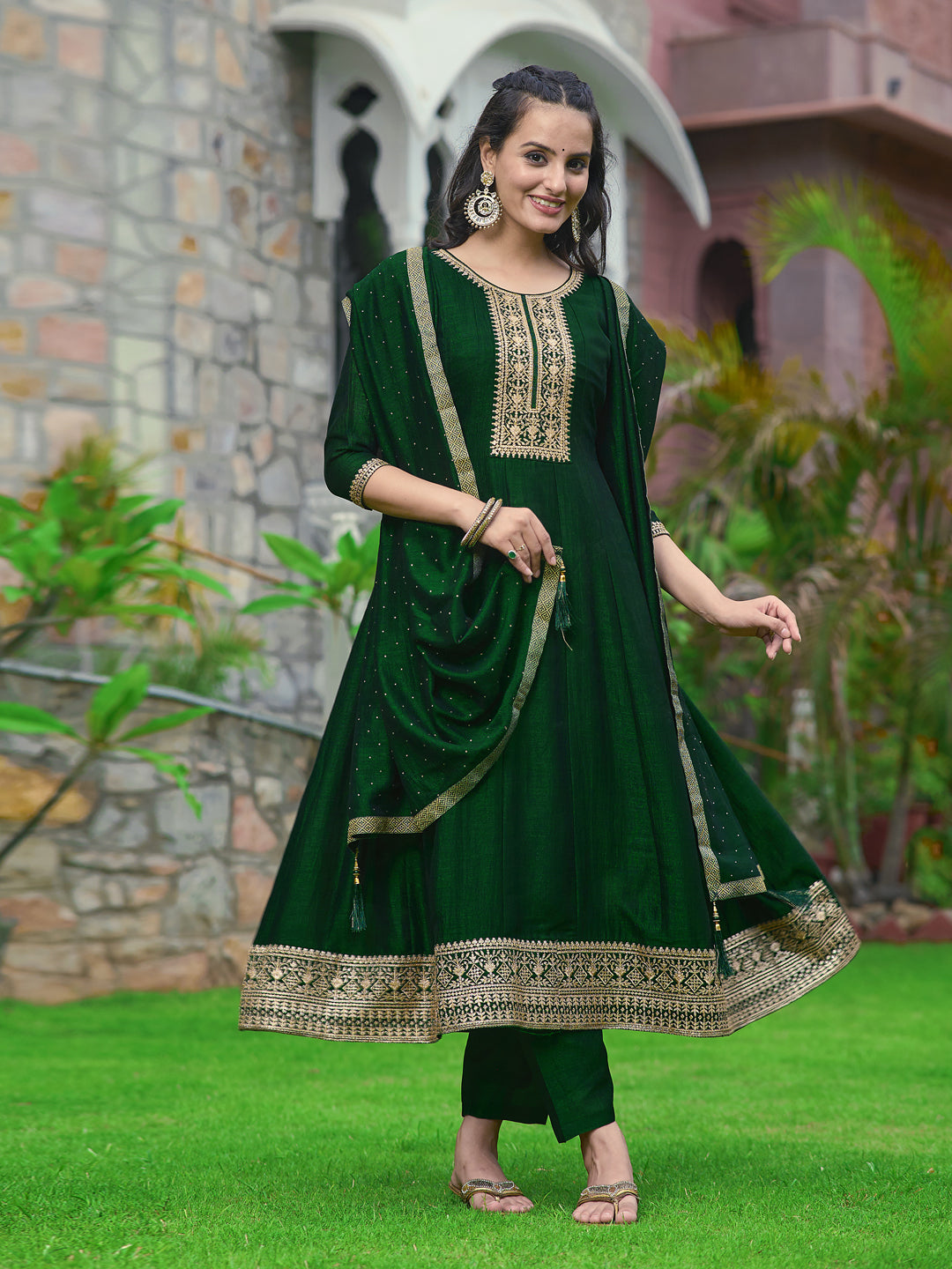 Anarkali Embroidered Kurta With Pant & Dupatta, Bottle-Green - Hiral Fashion