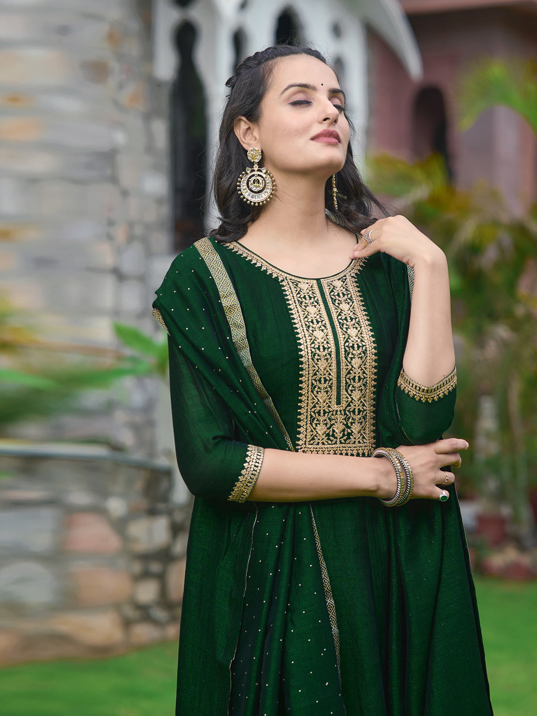 Anarkali Embroidered Kurta With Pant & Dupatta, Bottle-Green - Hiral Fashion