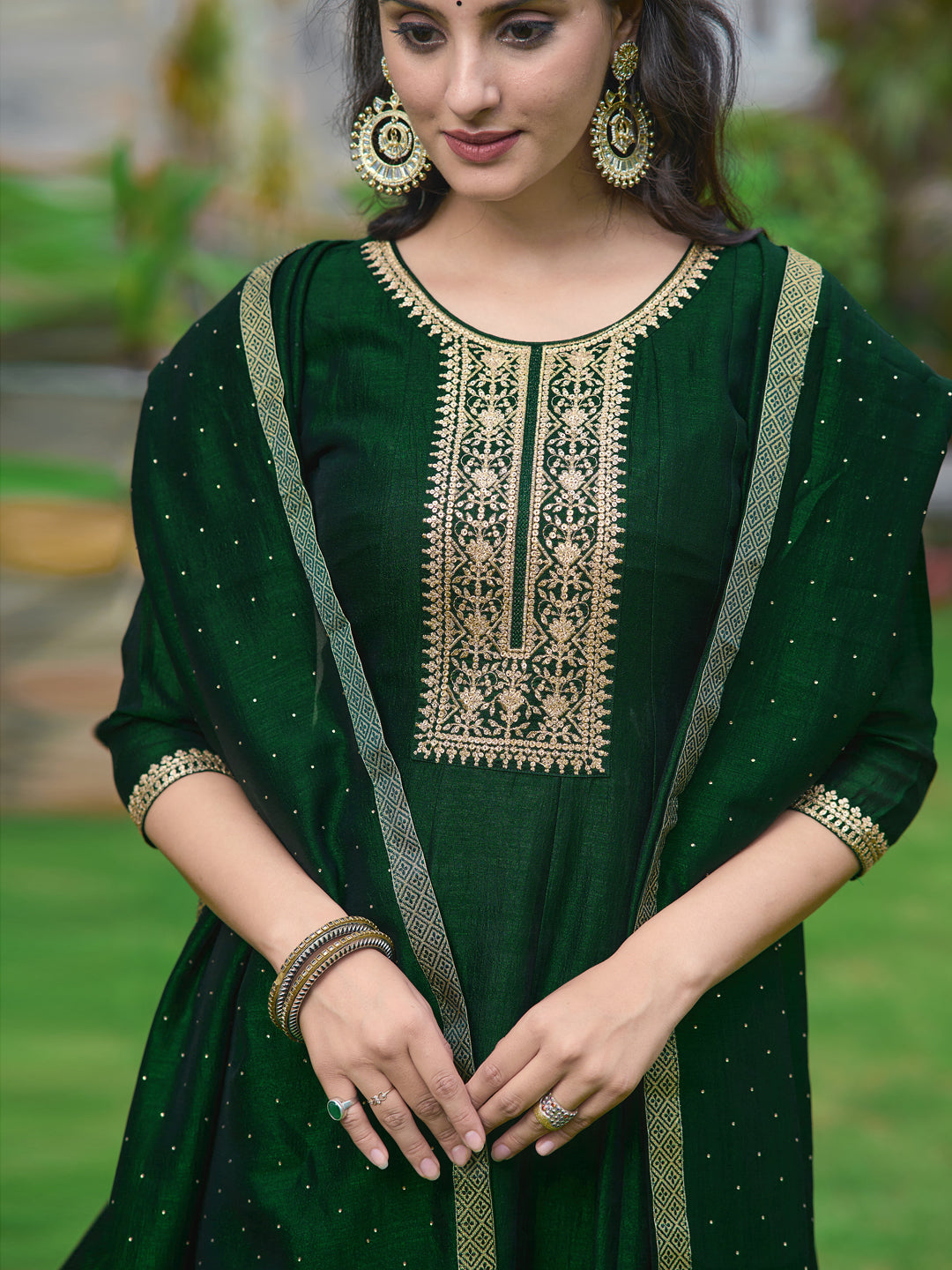 Anarkali Embroidered Kurta With Pant & Dupatta, Bottle-Green - Hiral Fashion
