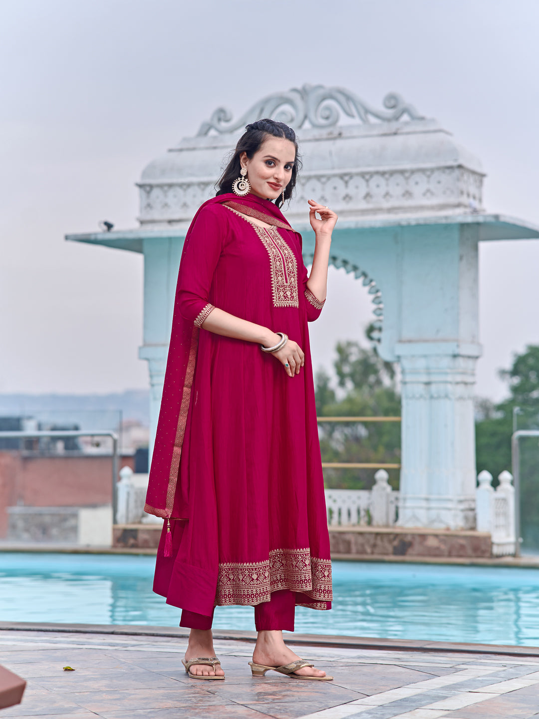Anarkali Embroidered Kurta With Pant & Dupatta, Pink - Hiral Fashion