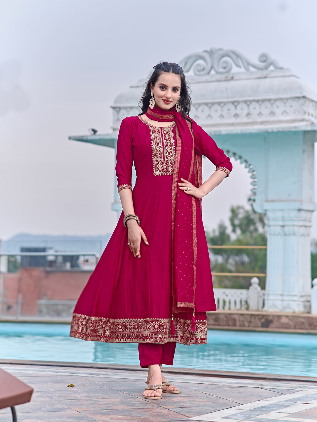 Anarkali Embroidered Kurta With Pant & Dupatta, Pink - Hiral Fashion