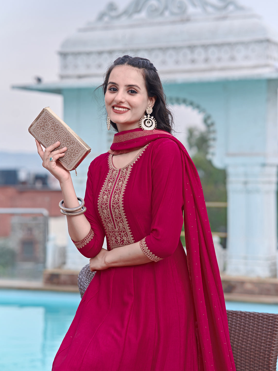 Anarkali Embroidered Kurta With Pant & Dupatta, Pink - Hiral Fashion