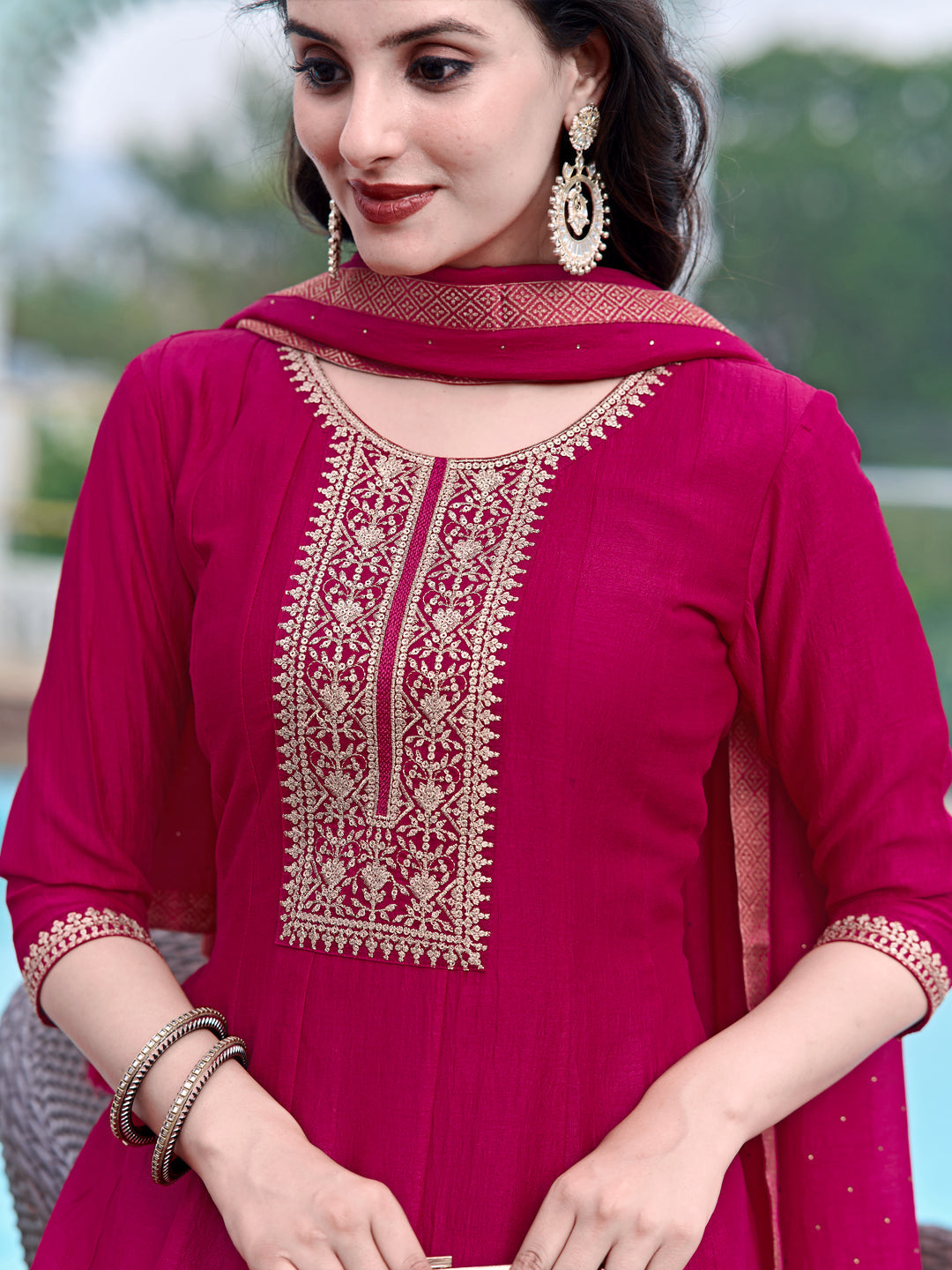 Anarkali Embroidered Kurta With Pant & Dupatta, Pink - Hiral Fashion
