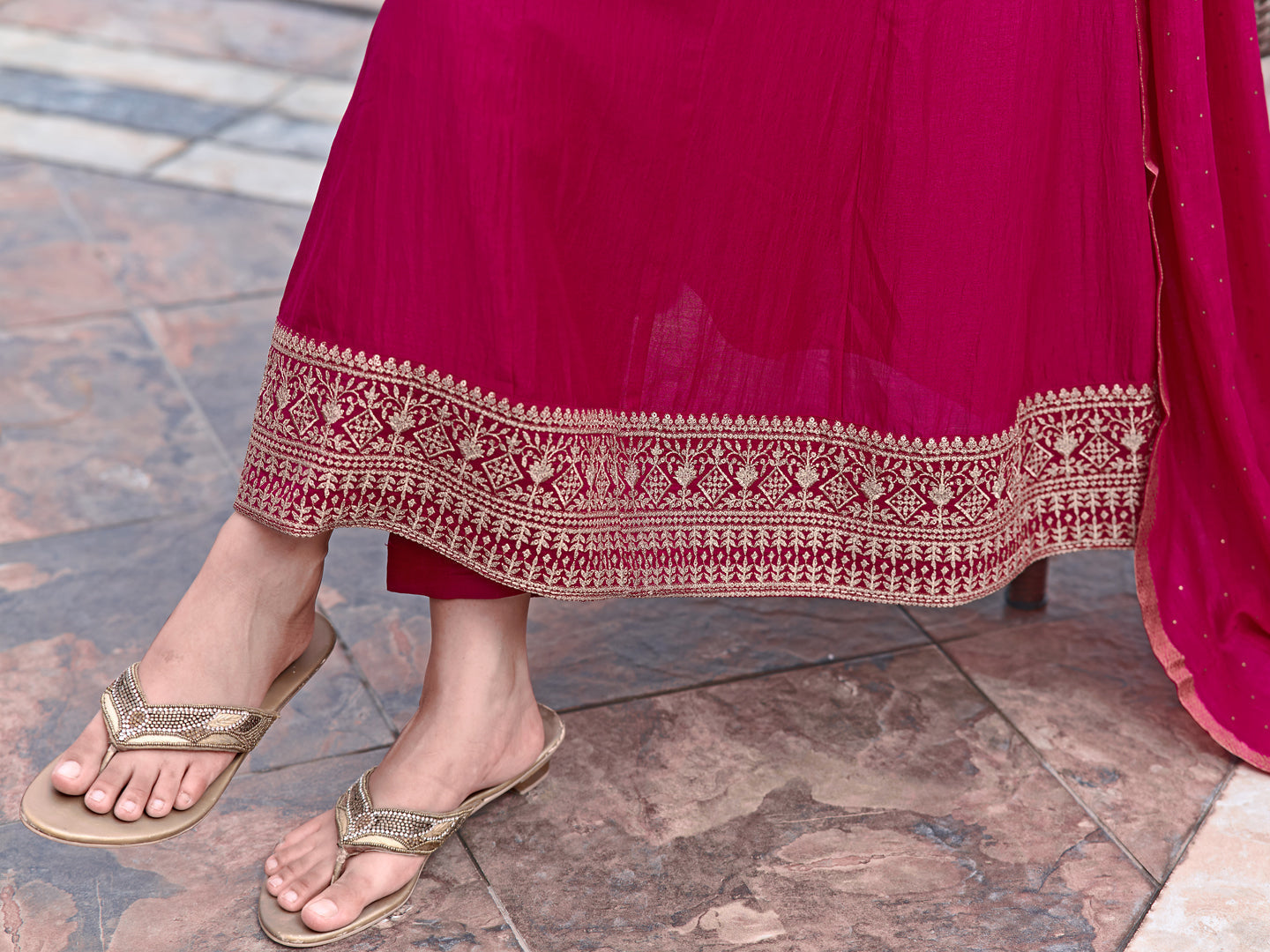 Anarkali Embroidered Kurta With Pant & Dupatta, Pink - Hiral Fashion