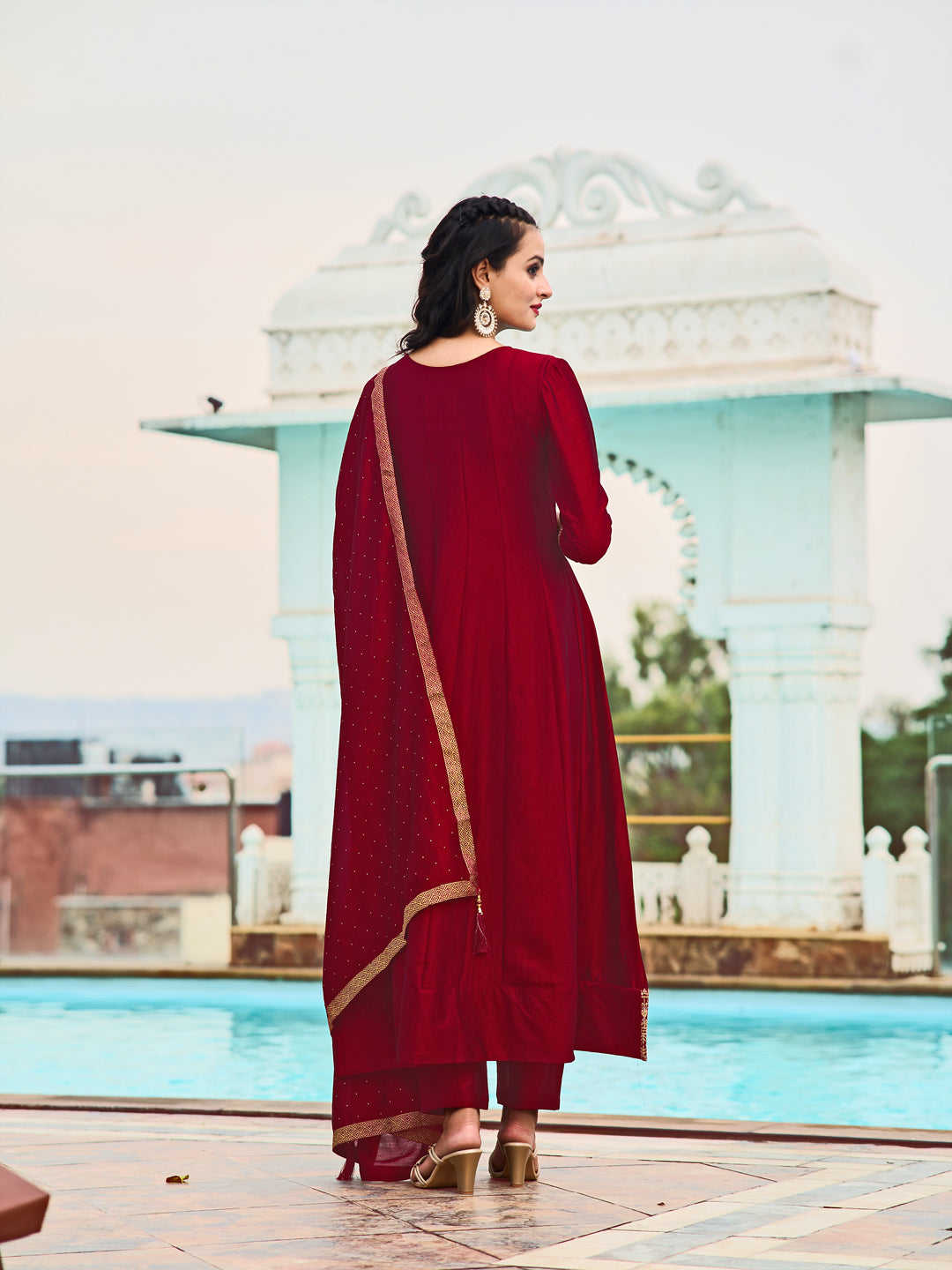 Anarkali Embroidered Kurta With Pant & Dupatta, Maroon - Hiral Fashion
