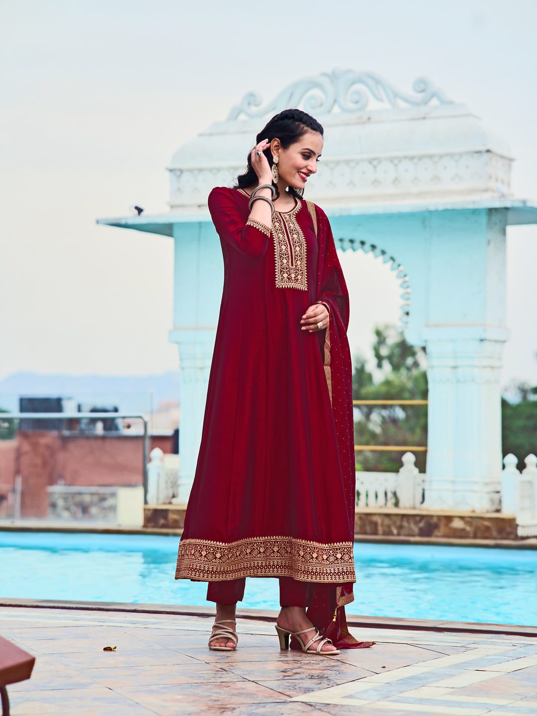Anarkali Embroidered Kurta With Pant & Dupatta, Maroon - Hiral Fashion