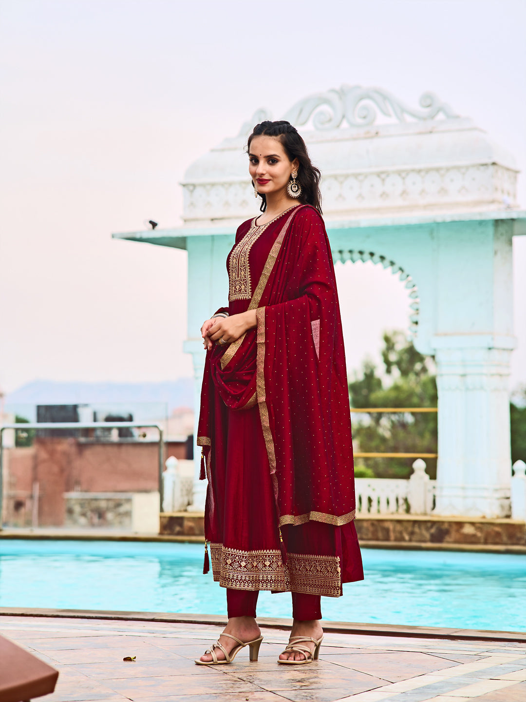 Anarkali Embroidered Kurta With Pant & Dupatta, Maroon - Hiral Fashion