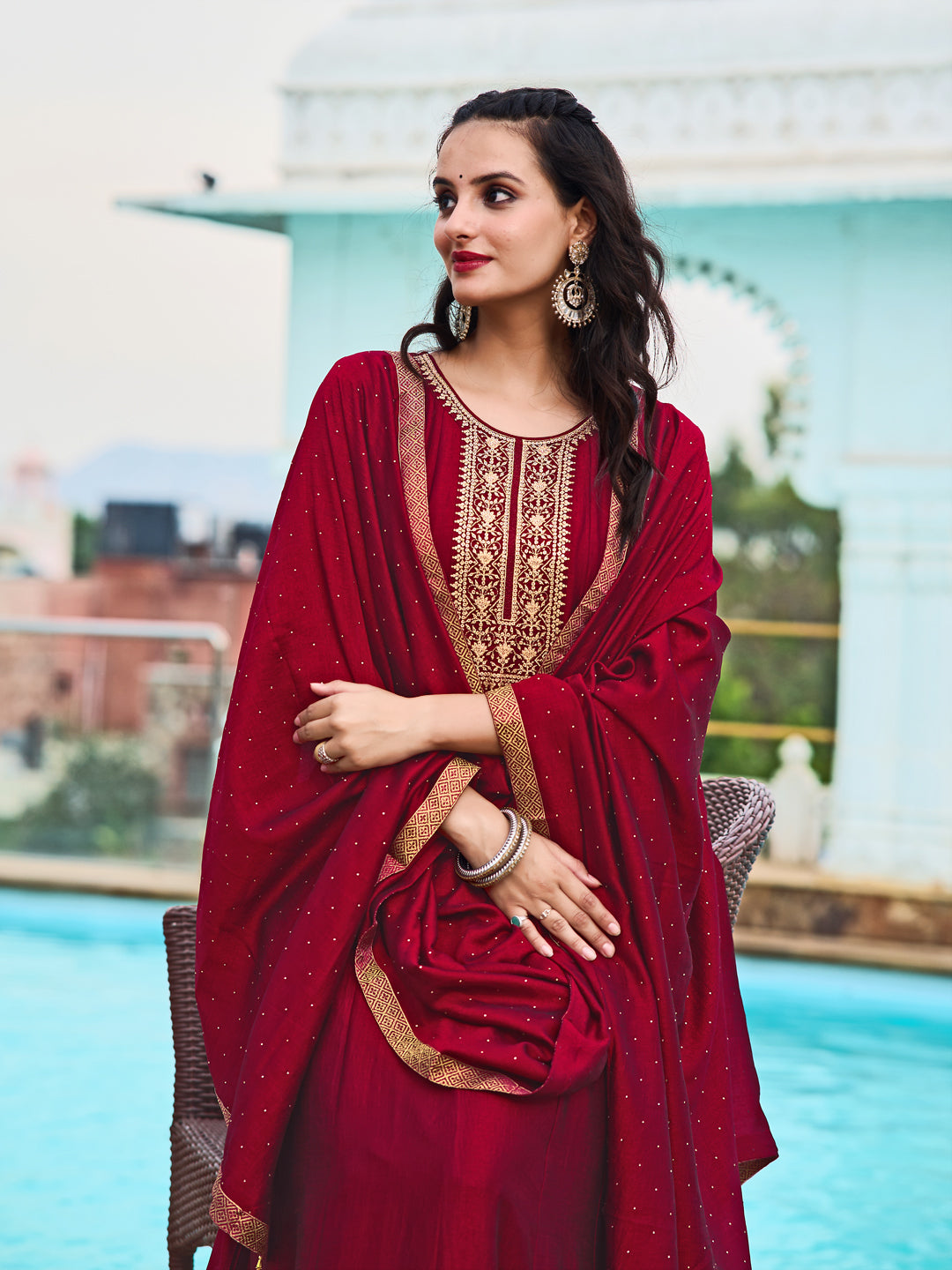 Anarkali Embroidered Kurta With Pant & Dupatta, Maroon - Hiral Fashion