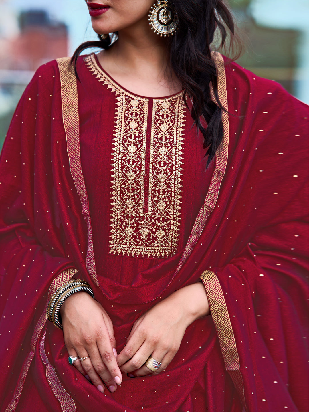 Anarkali Embroidered Kurta With Pant & Dupatta, Maroon - Hiral Fashion