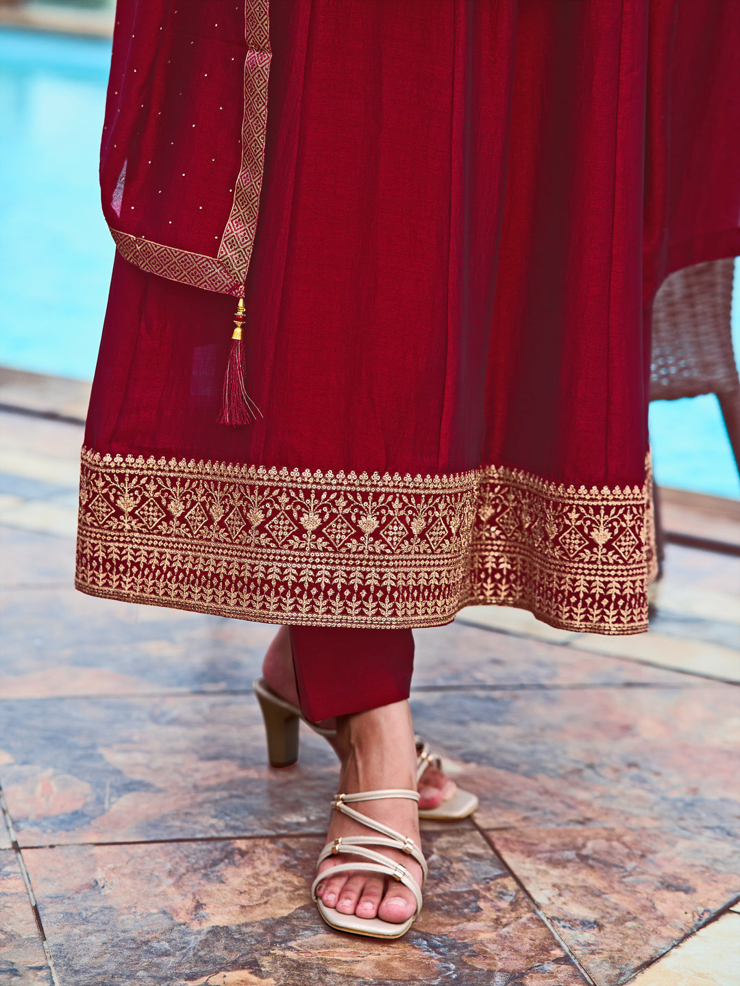 Anarkali Embroidered Kurta With Pant & Dupatta, Maroon - Hiral Fashion