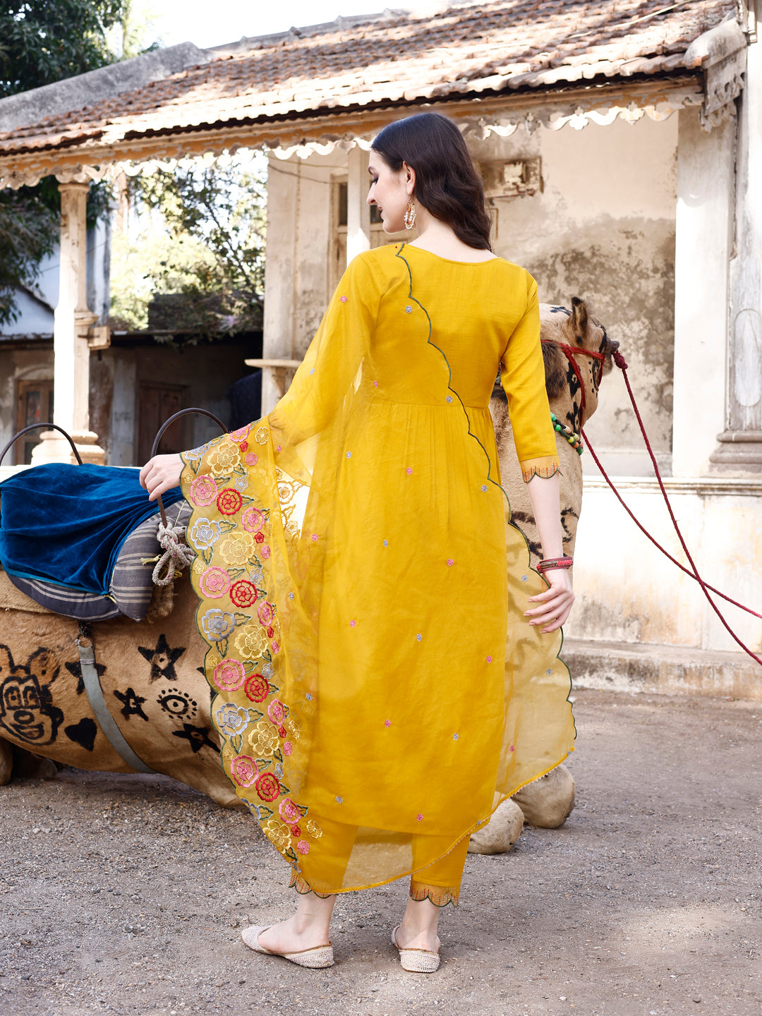 Alia Cut Hand Embroidered & Floral Embroidered Kurta With Pant & Organza Embroidered Dupatta Luxury Premium, Mustard - Hiral Fashion