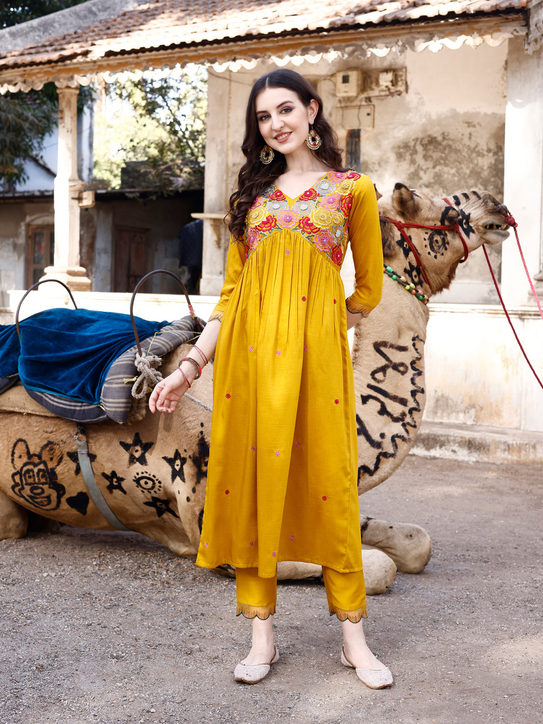 Alia Cut Hand Embroidered & Floral Embroidered Kurta With Pant & Organza Embroidered Dupatta Luxury Premium, Mustard - Hiral Fashion