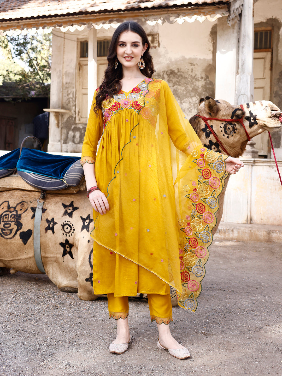 Alia Cut Hand Embroidered & Floral Embroidered Kurta With Pant & Organza Embroidered Dupatta Luxury Premium, Mustard - Hiral Fashion