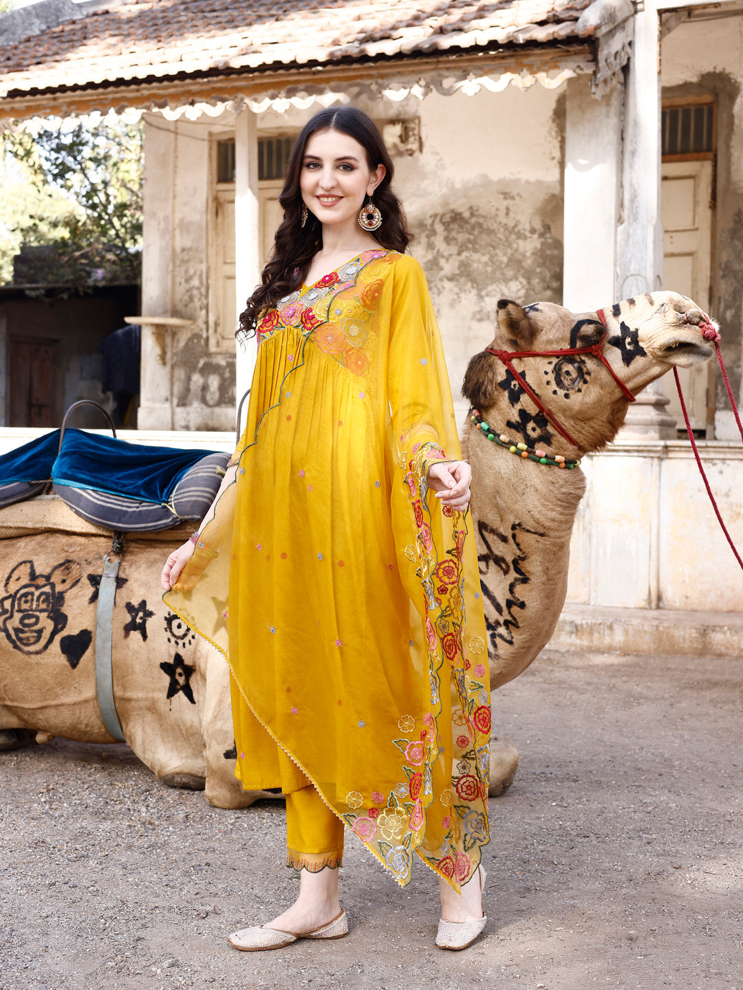 Alia Cut Hand Embroidered & Floral Embroidered Kurta With Pant & Organza Embroidered Dupatta Luxury Premium, Mustard - Hiral Fashion