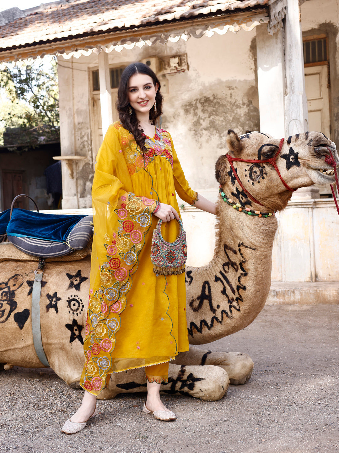 Alia Cut Hand Embroidered & Floral Embroidered Kurta With Pant & Organza Embroidered Dupatta Luxury Premium, Mustard - Hiral Fashion