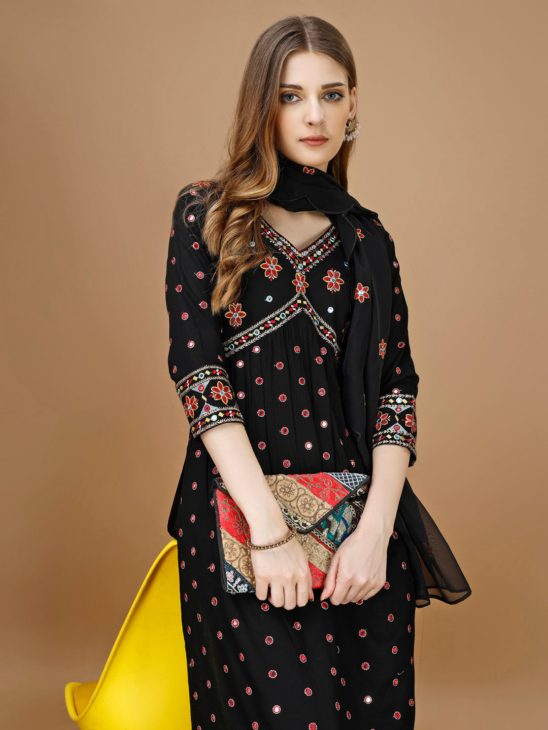 Alia Cut Mirror Embroidered Kurta With Embroidered Pant & Dupatta, Black - Hiral Fashion