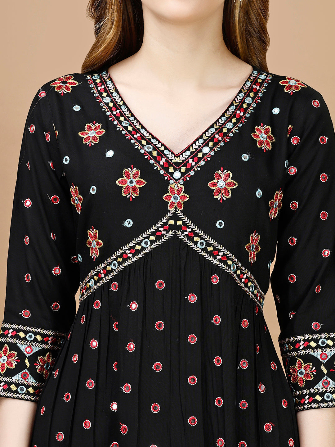 Alia Cut Mirror Embroidered Kurta With Embroidered Pant & Dupatta, Black - Hiral Fashion