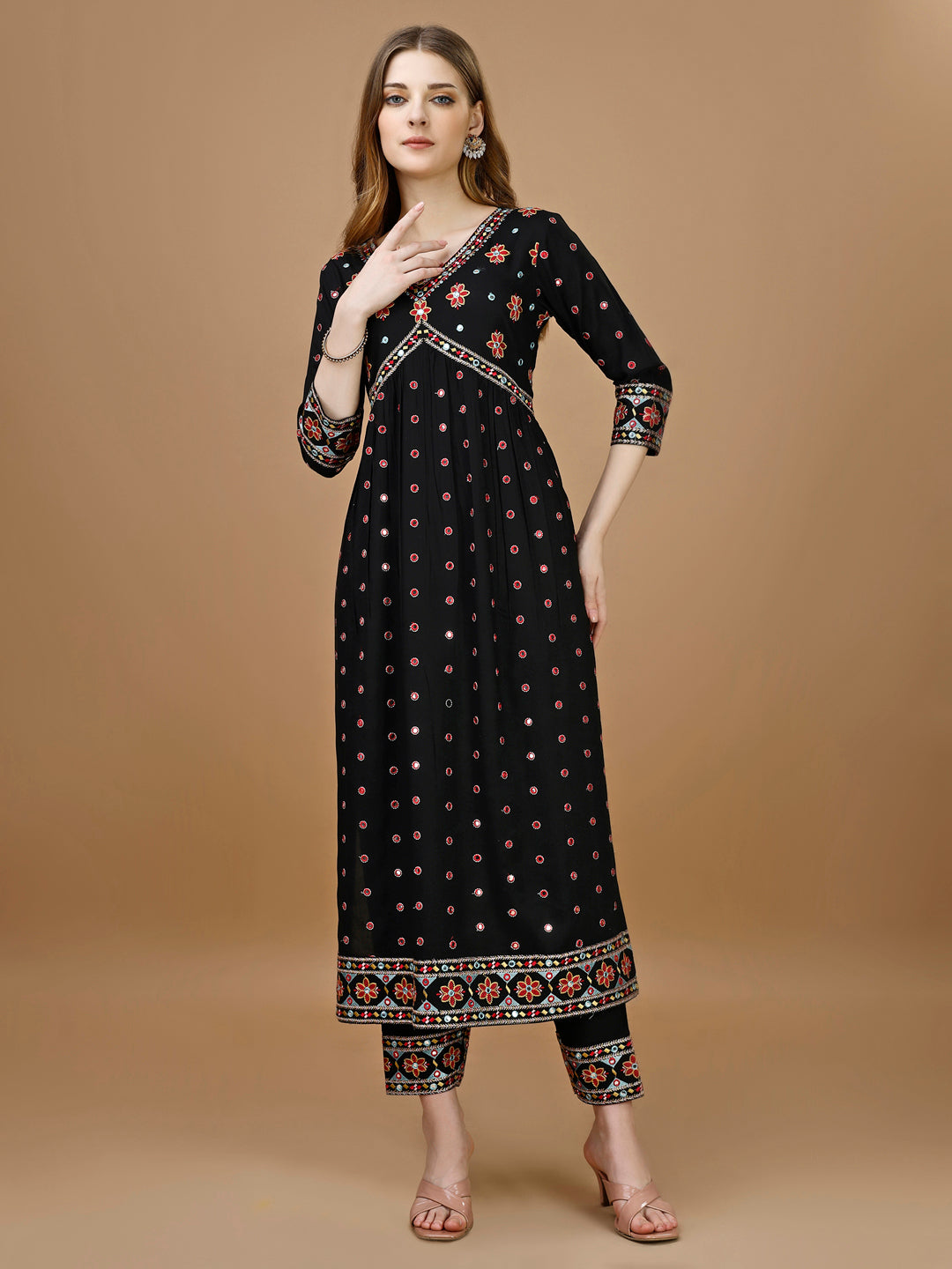 Alia Cut Mirror Embroidered Kurta With Embroidered Pant & Dupatta, Black - Hiral Fashion
