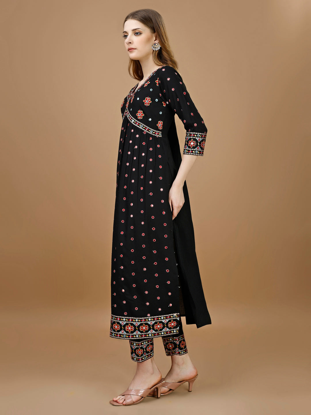 Alia Cut Mirror Embroidered Kurta With Embroidered Pant & Dupatta, Black - Hiral Fashion