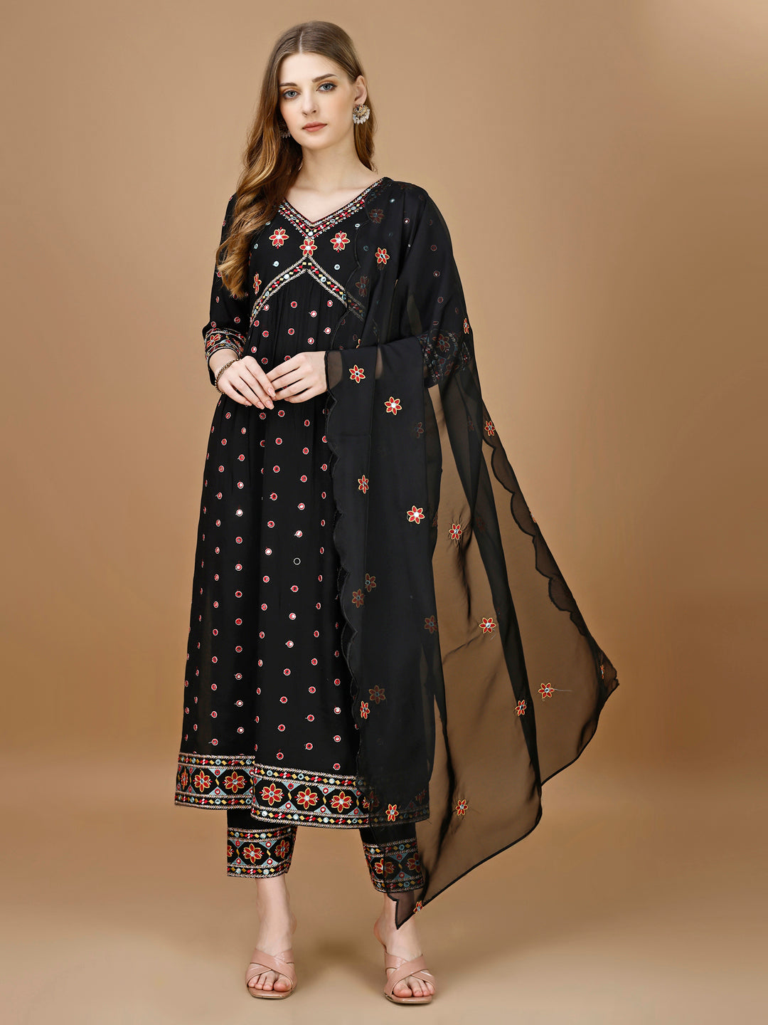 Alia Cut Mirror Embroidered Kurta With Embroidered Pant & Dupatta, Black - Hiral Fashion