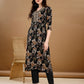 Alia Cut Floral Printed & Embroidered Kurta Suit Set, Black - Hiral Fashion
