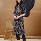 Alia Cut Floral Printed & Embroidered Kurta Suit Set, Navy Blue - Hiral Fashion