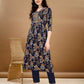 Alia Cut Floral Printed & Embroidered Kurta Suit Set, Navy Blue - Hiral Fashion