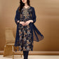 Alia Cut Floral Printed & Embroidered Kurta Suit Set, Navy Blue - Hiral Fashion