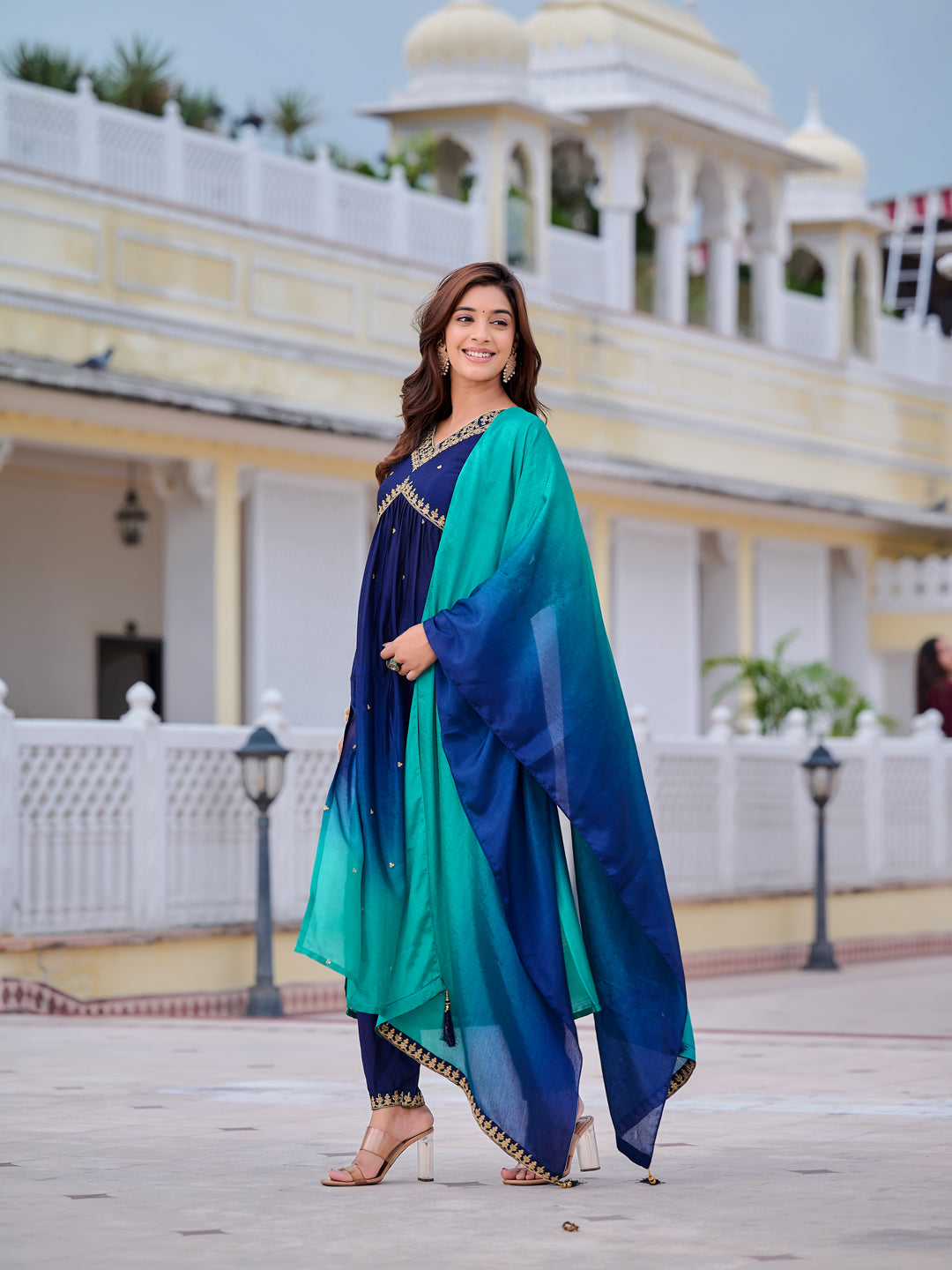 Alia Cut Embroidered Silk Blend Kurta With Pant & Dupatta, Navy Blue - Hiral Fashion