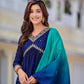 Alia Cut Embroidered Silk Blend Kurta With Pant & Dupatta, Navy Blue - Hiral Fashion