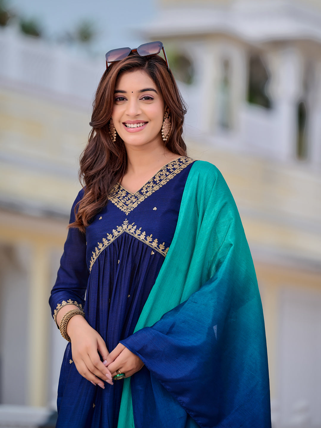 Alia Cut Embroidered Silk Blend Kurta With Pant & Dupatta, Navy Blue - Hiral Fashion
