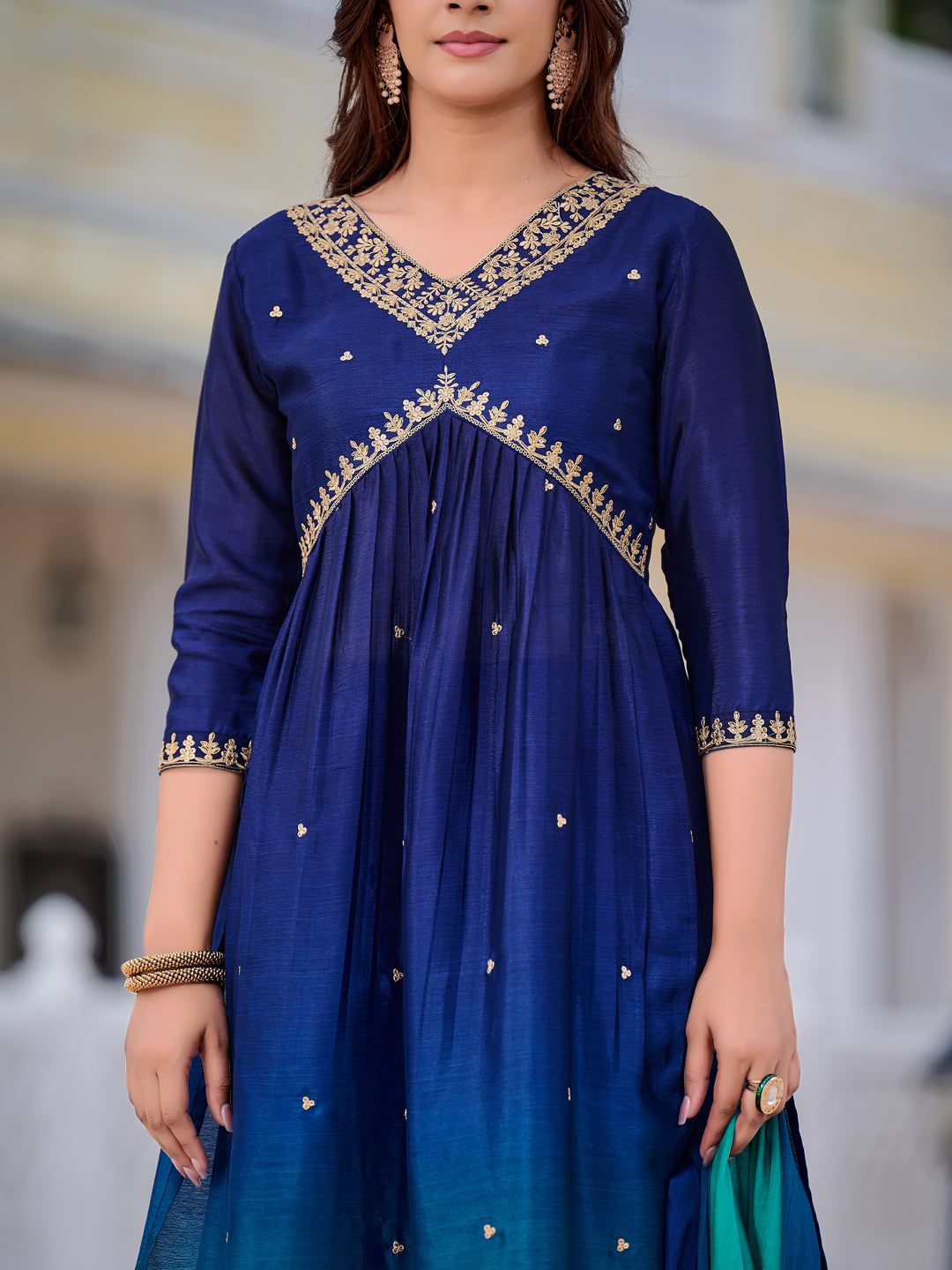 Alia Cut Embroidered Silk Blend Kurta With Pant & Dupatta, Navy Blue - Hiral Fashion