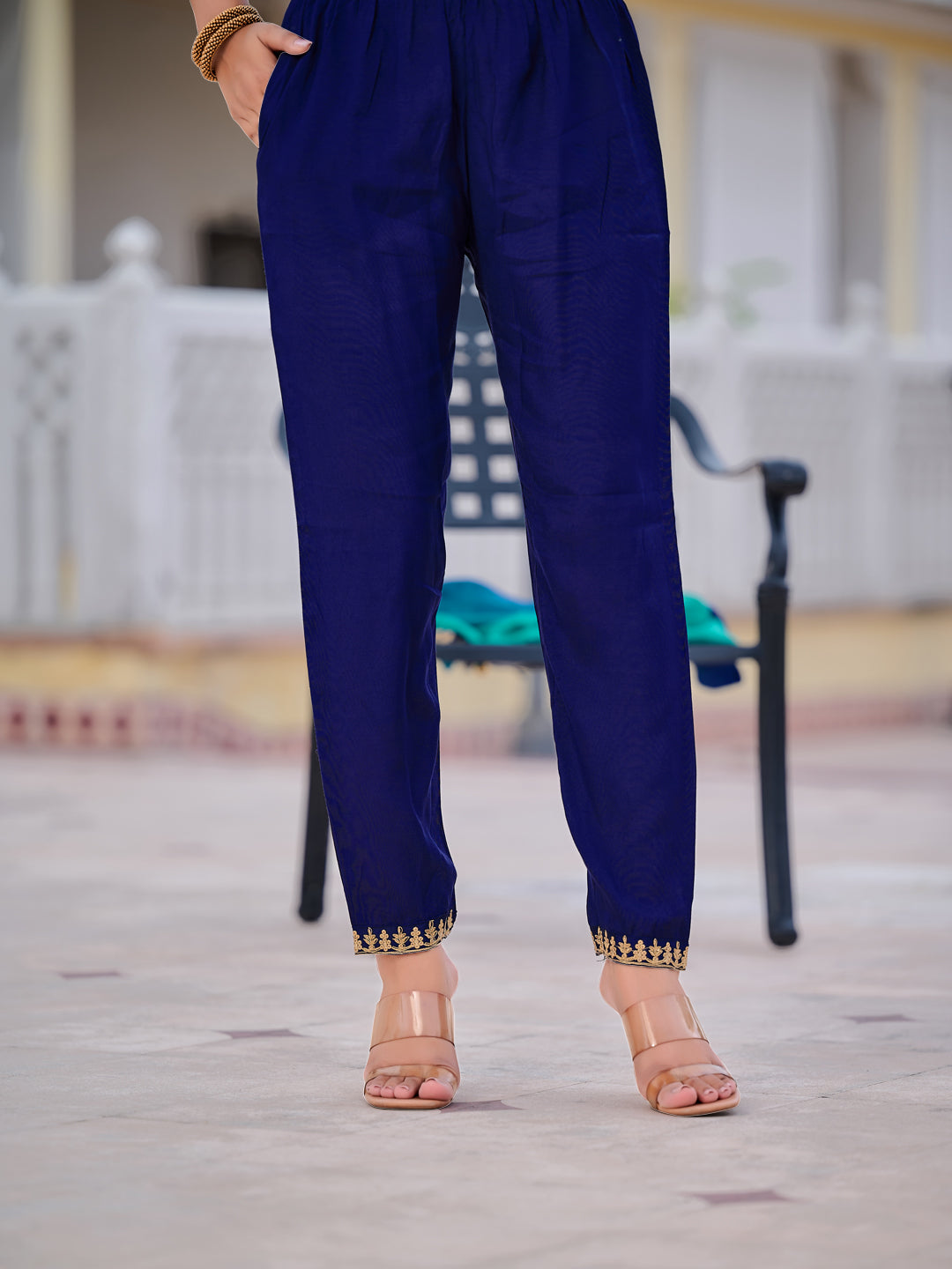 Alia Cut Embroidered Silk Blend Kurta With Pant & Dupatta, Navy Blue - Hiral Fashion