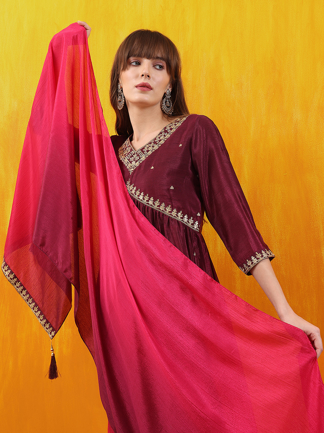 Alia Cut Embroidered Silk Blend Kurta With Pant & Dupatta, Wine - Hiral Fashion