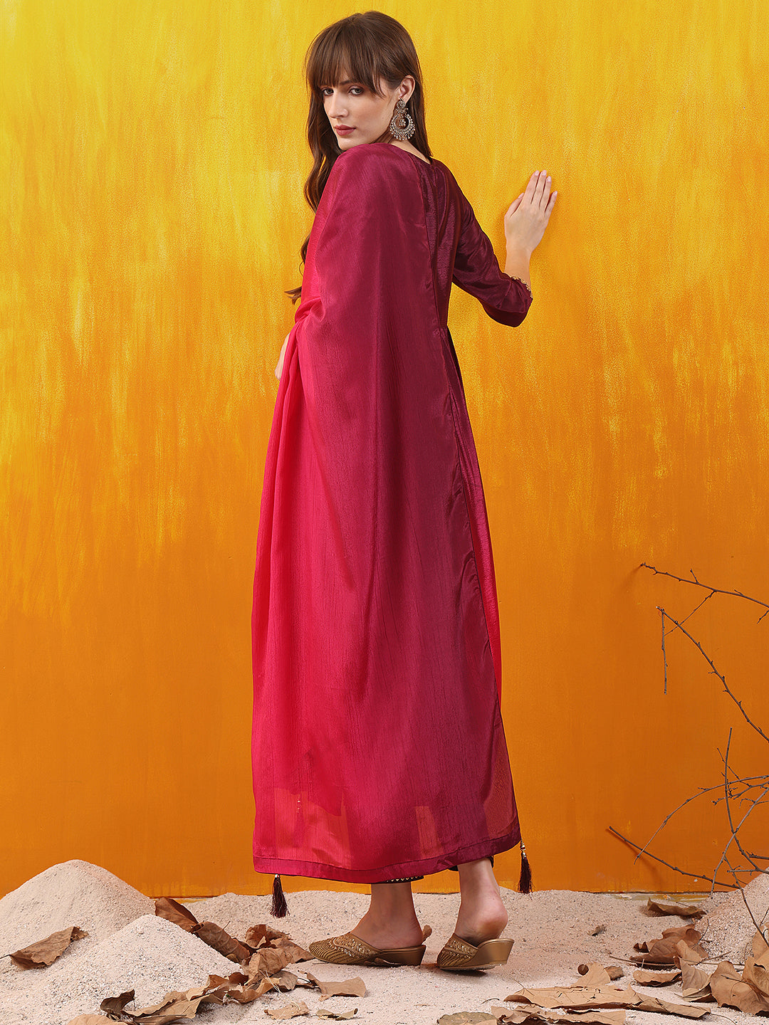 Alia Cut Embroidered Silk Blend Kurta With Pant & Dupatta, Wine - Hiral Fashion