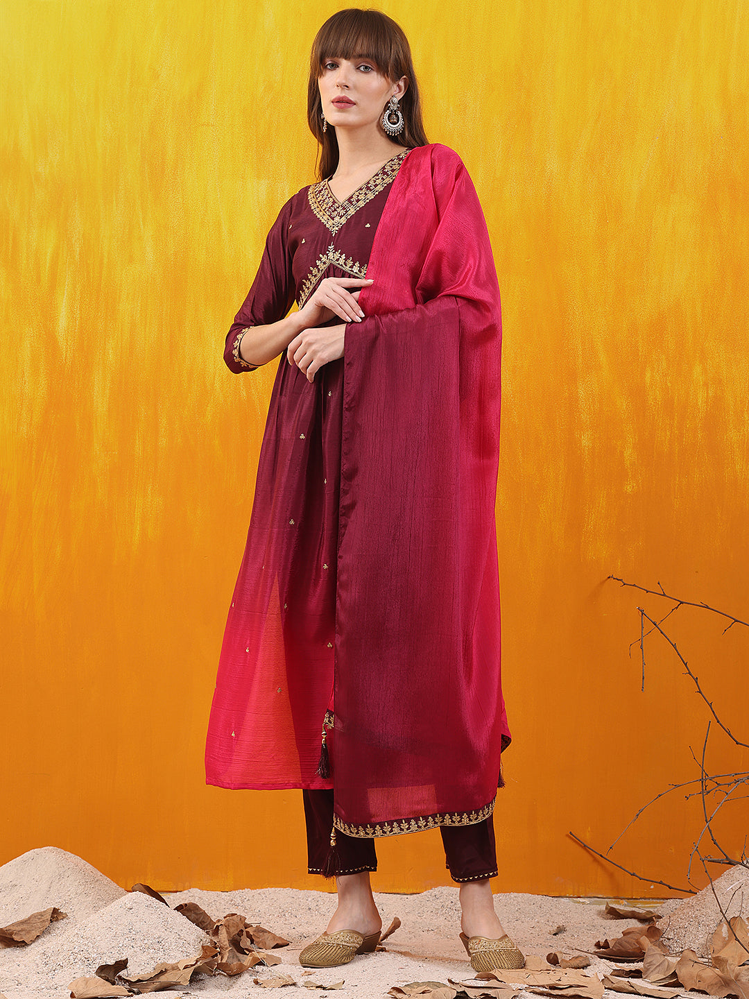 Alia Cut Embroidered Silk Blend Kurta With Pant & Dupatta, Wine - Hiral Fashion