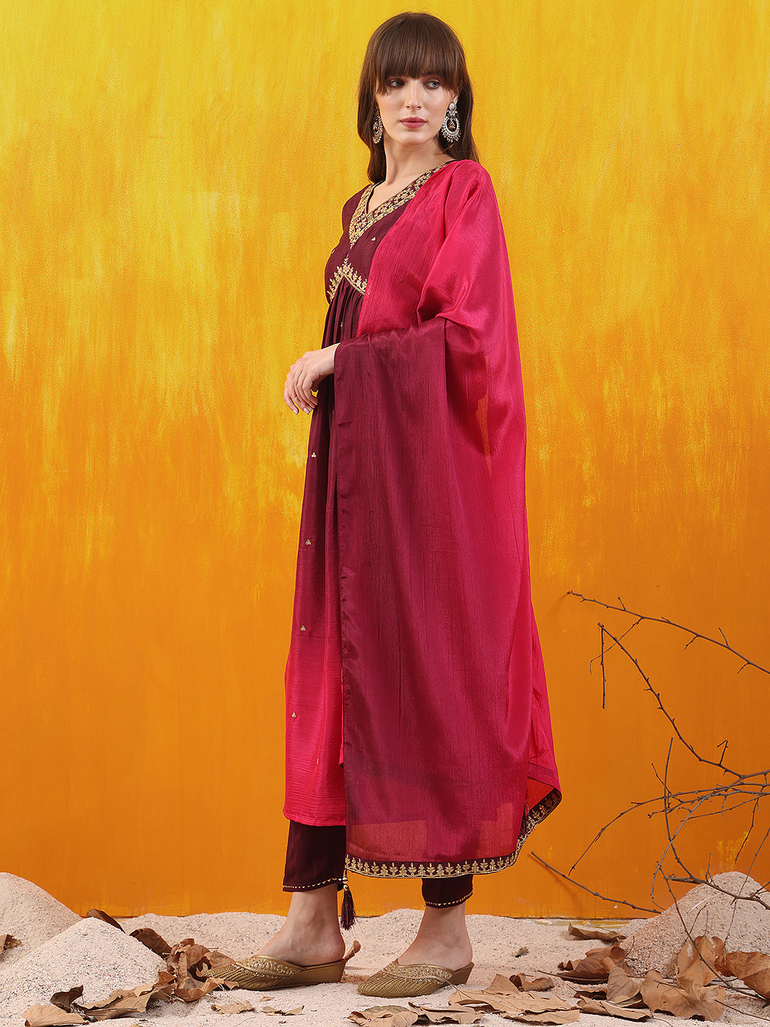 Alia Cut Embroidered Silk Blend Kurta With Pant & Dupatta, Wine - Hiral Fashion
