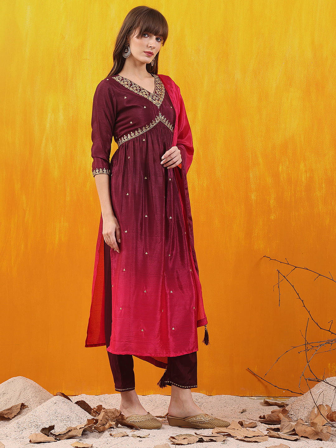 Alia Cut Embroidered Silk Blend Kurta With Pant & Dupatta, Wine - Hiral Fashion
