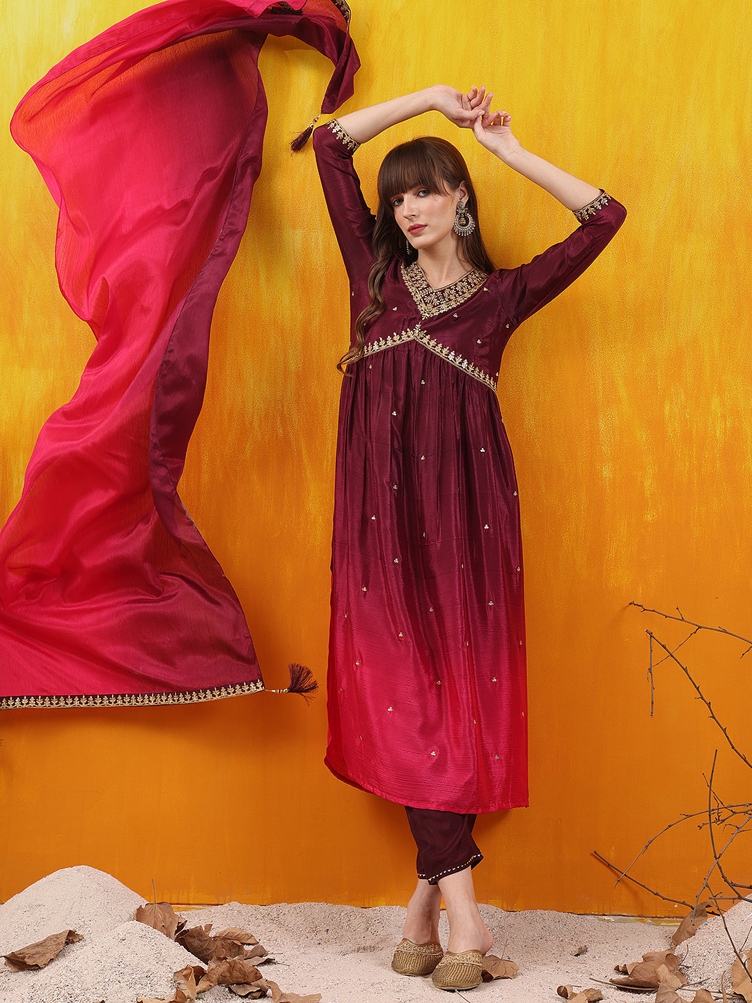 Alia Cut Embroidered Silk Blend Kurta With Pant & Dupatta, Wine - Hiral Fashion