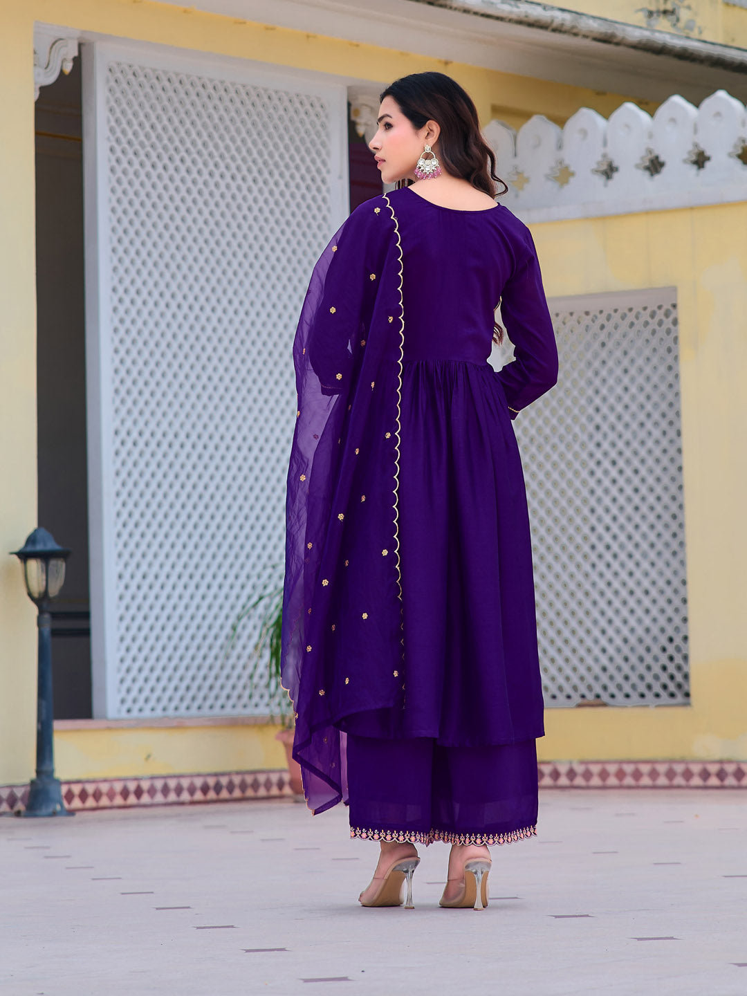 Alia Cut Embroidered Kurta With Pant & Dupatta, Purple - Hiral Fashion