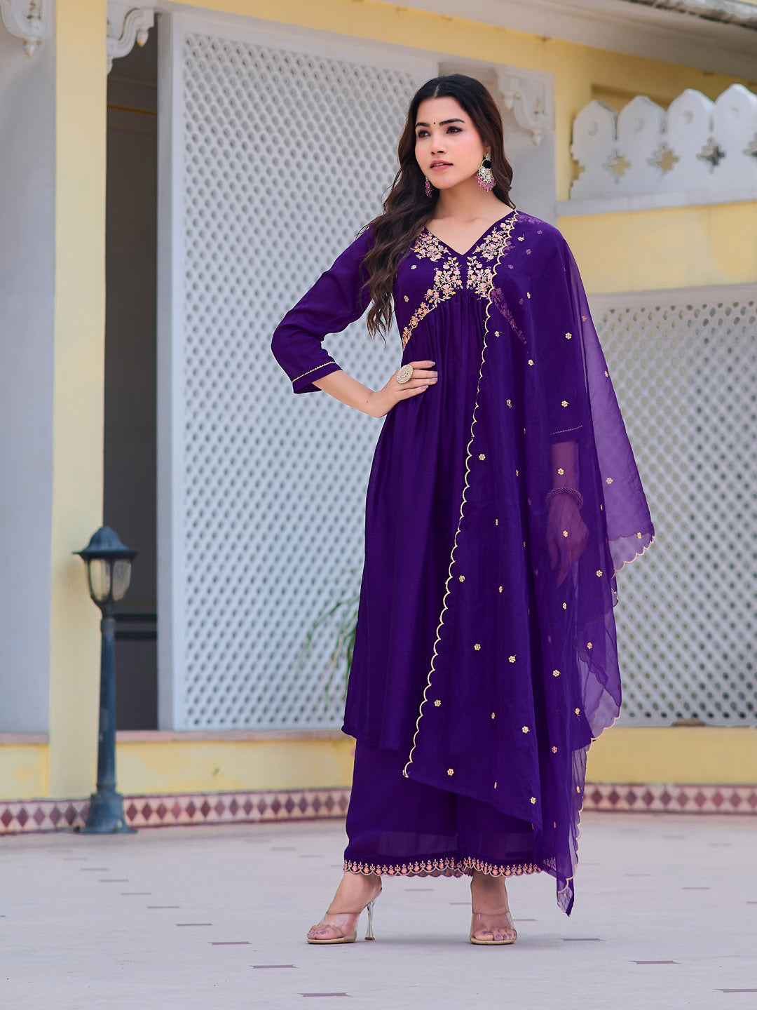 Alia Cut Embroidered Kurta With Pant & Dupatta, Purple - Hiral Fashion