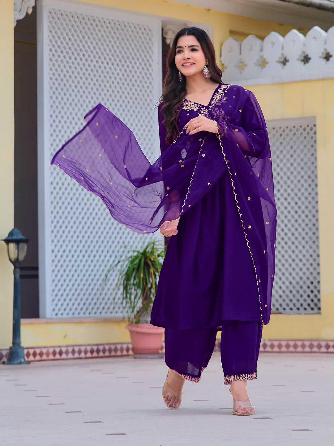 Alia Cut Embroidered Kurta With Pant & Dupatta, Purple - Hiral Fashion